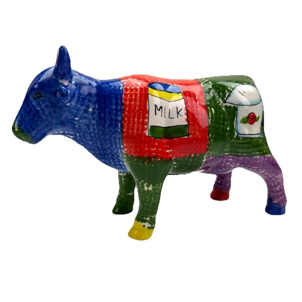 Colorful Ceramic Cow Piggy Bank Folk Art Patchwork Farmhouse Decor